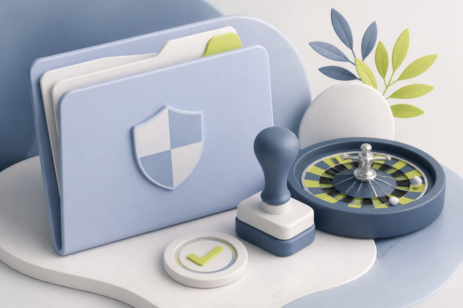 Stylised folder, shield and roulette detail suggesting regulated play