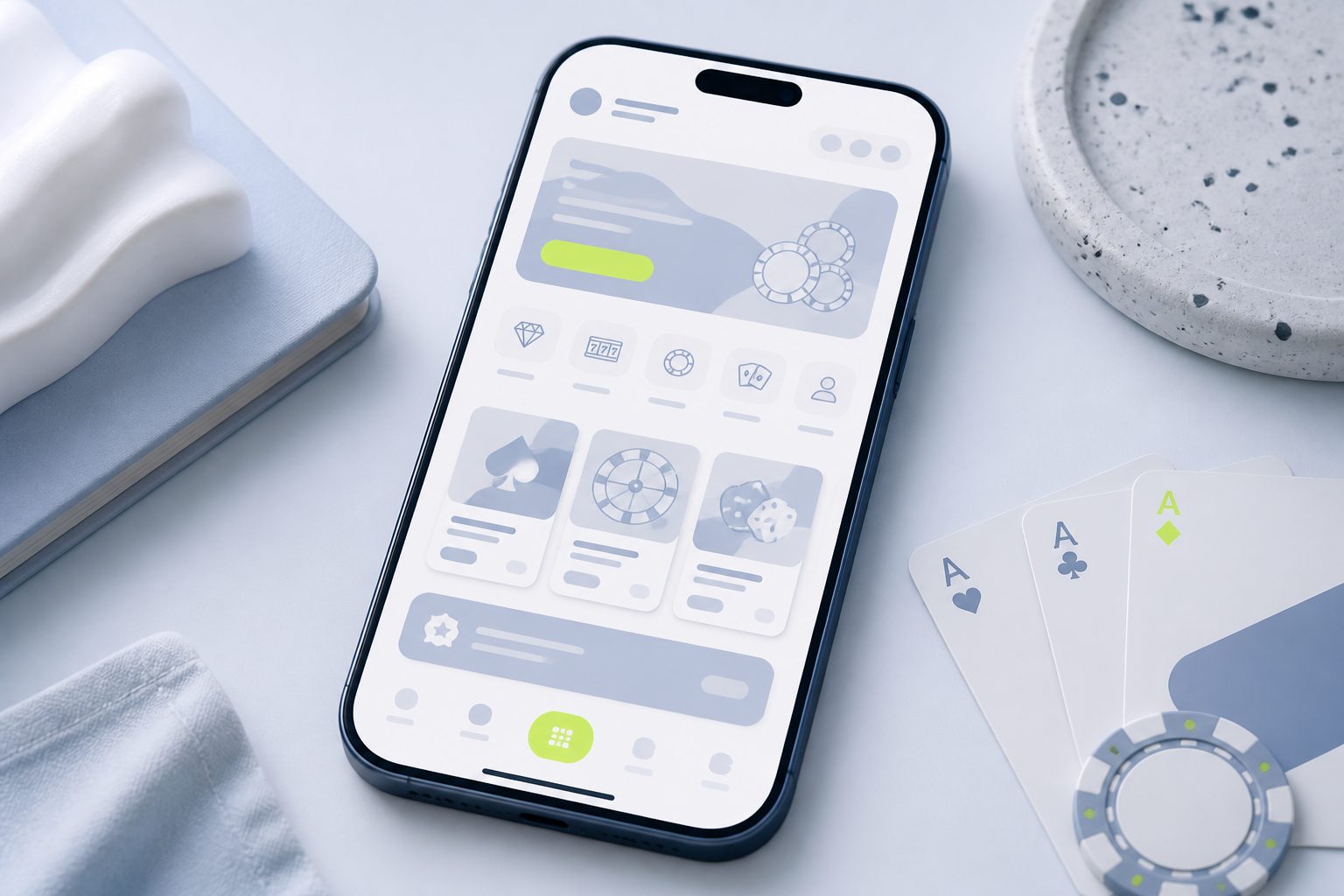 Smartphone showing a stylised casino lobby beside cards and a chip